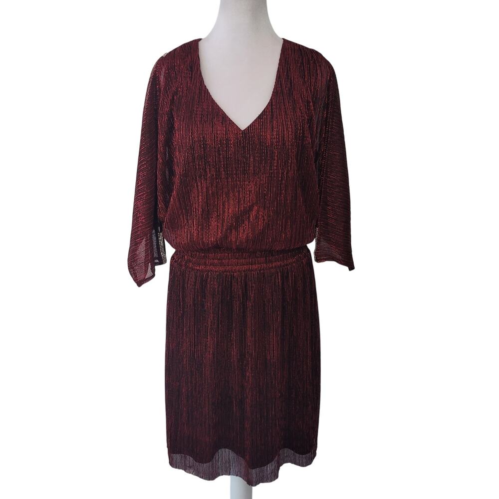 MSK Size L Red Fit & Flare Metallic Pleated‎ Midi Dress Glam Party Holiday
